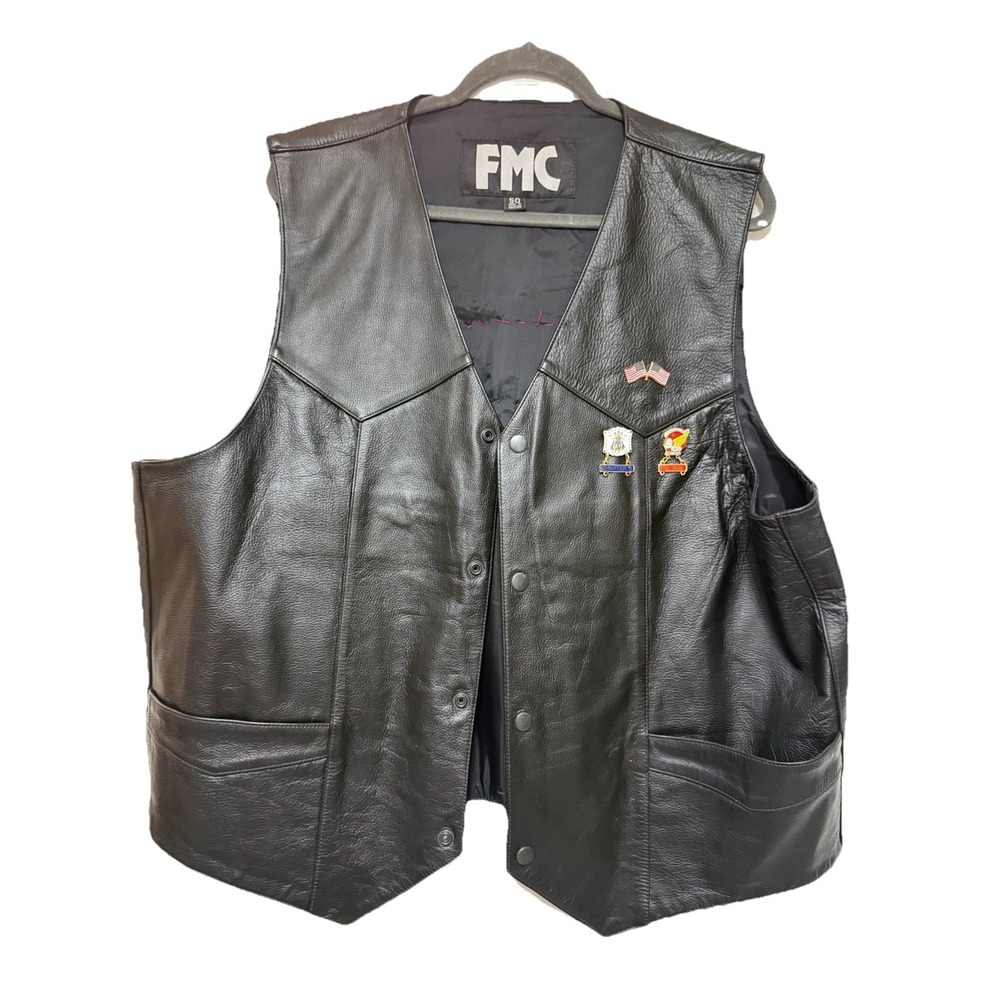 FMC‎ Genuine Leather Biker Vest Size 50 Black Embroidered Veteran's Pins